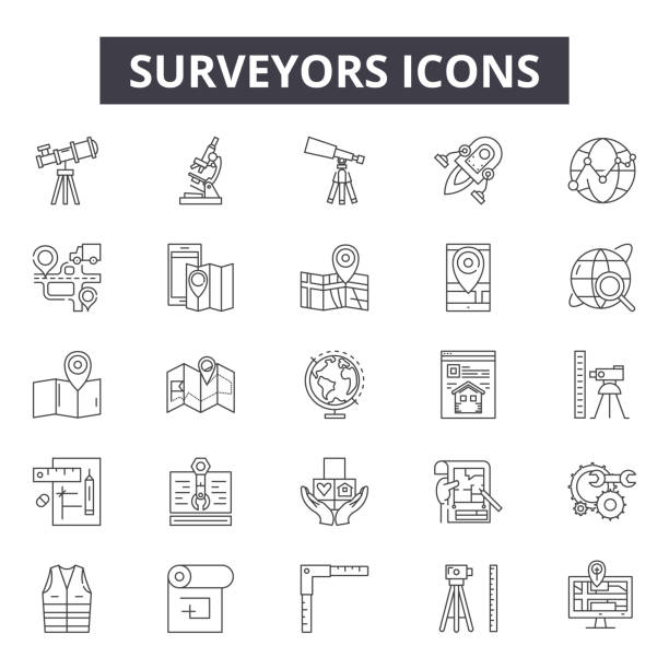 ilustraciones, imágenes clip art, dibujos animados e iconos de stock de surveyors iconos de línea, signos, conjunto de vectores, concepto lineal, ilustración de esquema - survey icon
