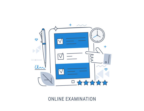 ilustrações de stock, clip art, desenhos animados e ícones de online examination - train line