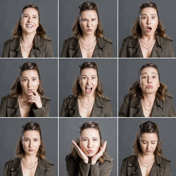 別の顔の表情を作る本物の女性 - facial expression women sadness multiple image ストックフォトと画像