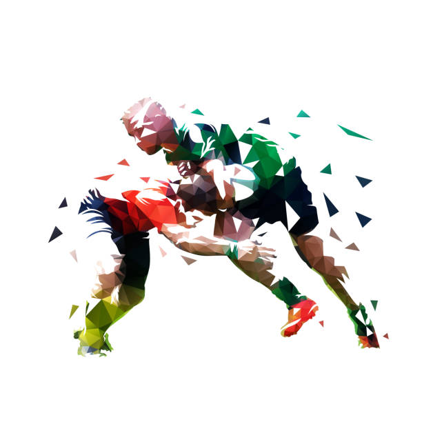 ilustrações, clipart, desenhos animados e ícones de jogadores do rugby, ilustração poligonal baixa isolada do vetor. dois jogadores do rugby estão funcionando para se - râguebi