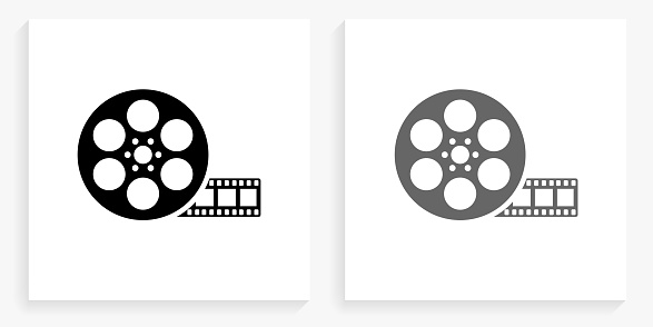 Movie Reel Black and White Square Icon. This 100% royalty free vector illustration is featuring the square button with a drop shadow and the main icon is depicted in black and in grey for a roll-over effect.