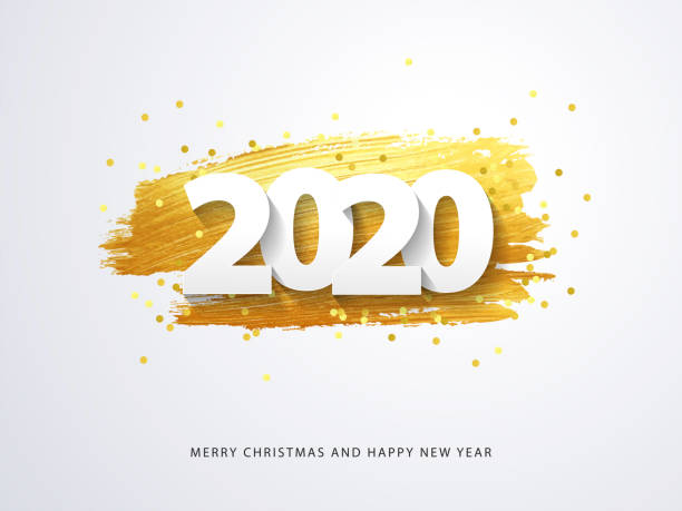 Happy New 2020 Year. Vector holiday illustration Happy New 2020 Year. Vector holiday illustration of paper cut numbers with sparkling confetti and golden strokes on white background 2020 stock illustrations