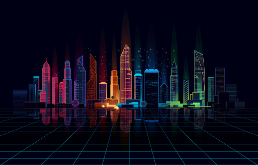 panoramic view of the night city in colored lights. Retro wave style. 10 eps.