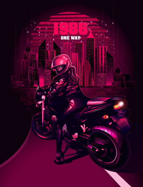 illustrations, cliparts, dessins animés et icônes de motard rétrowave - motorcycle biker sport city