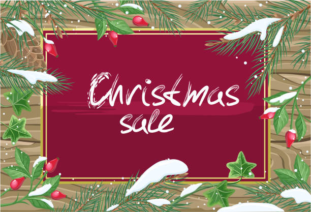 ilustrações de stock, clip art, desenhos animados e ícones de christmas sale banner. winter poster with plants - christmas holly frame ivy