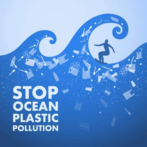 stoppt die verschmutzung durch den ozean. ökologisches plakat. surfer auf den wellen und text. es gibt plastikmüll, flasche, tasche auf blauem hintergrund im wasser. plastikproblem. - ball halten stock-grafiken, -clipart, -cartoons und -symbole