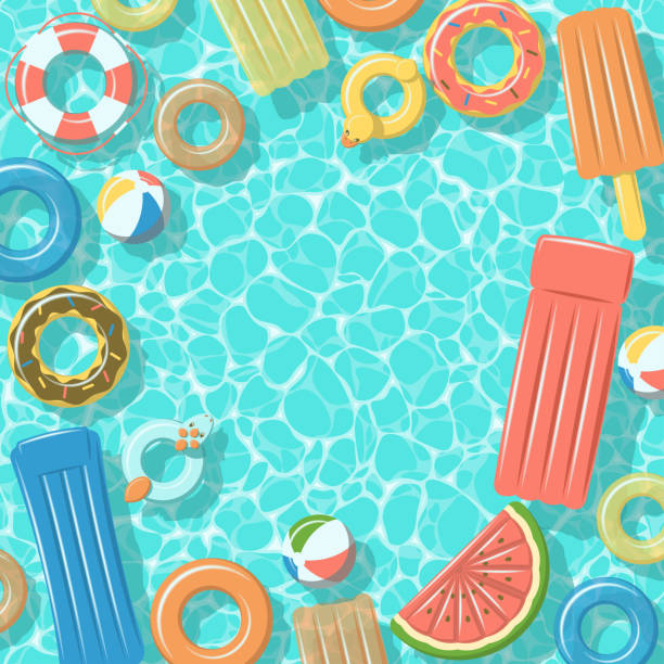 Swimming pool with rafts rubber rings top view Swimming pool from top view with colorful inflatable rubber rings, rafts, beach ball and life buoy inflated pool stock illustrations