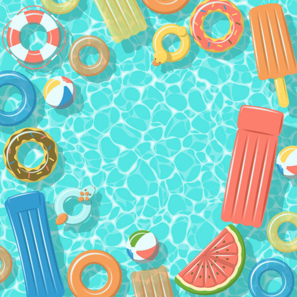 Swimming pool with rafts rubber rings top view Swimming pool from top view with colorful inflatable rubber rings, rafts, beach ball and life buoy foam rubber stock illustrations