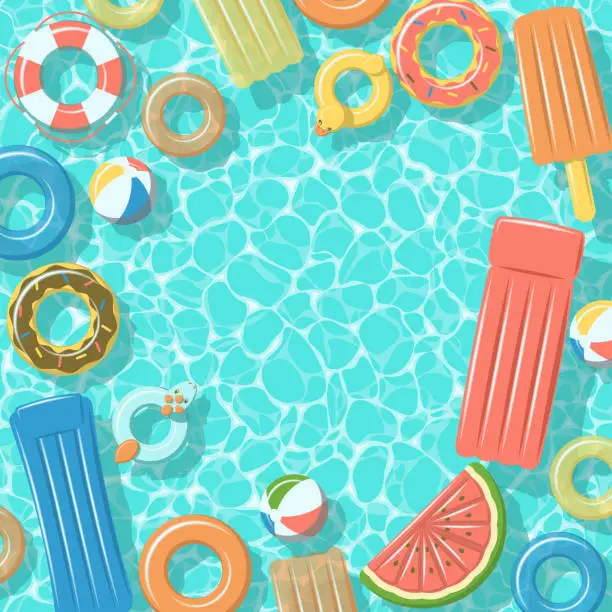 Vector illustration of Swimming pool with rafts rubber rings top view