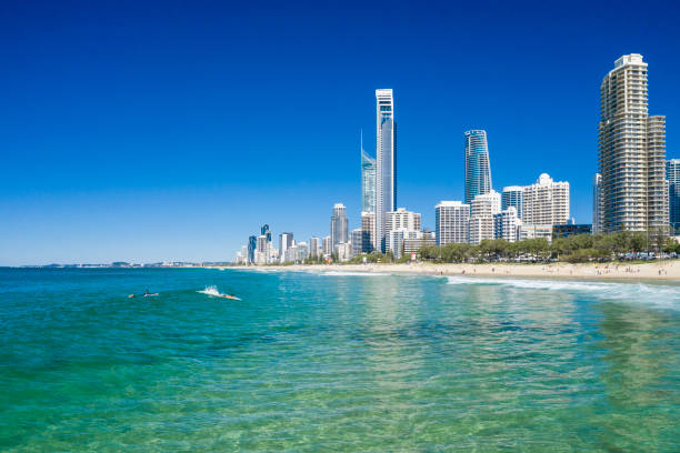 surfeurs attrapant des vagues à surfers paradise sur la côte dorée - q1 photos et images de collection