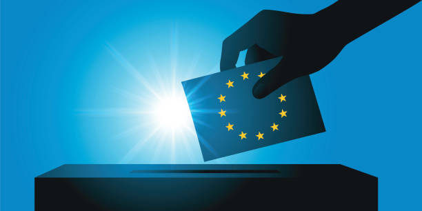 Symbol of the election of MEPs with an elector depositing his ballot in the ballot box. Concept of the European elections with the hand of a voter holding his ballot paper in the colors of the European flag, before slipping it into the ballot box. populism stock illustrations