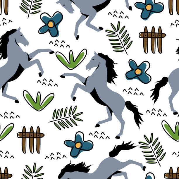 Horse hand drawn and floral drawing seamless pattern childish style for kids and baby fashion textile print. Horse hand drawn and floral drawing seamless pattern childish style for kids and baby fashion textile print. pony stock illustrations