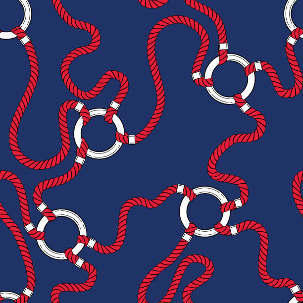 illustrations, cliparts, dessins animés et icônes de entrelacement rouge nautique cordes et chaîne liens vecteur seamless pattern. cordons enchevêtrés bleu marine fond marin - tangled rope tied knot backgrounds