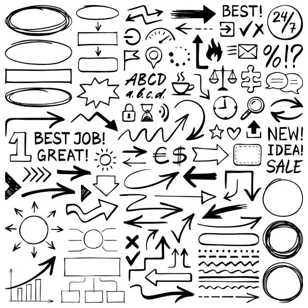 Hand drawn design elements Hand drawn design elements. Vector frames, arrows, icons and different shapes. Doodle illustration. strategy drawings stock illustrations