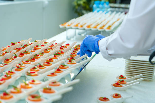 Celebration catering, small canapes of red fish