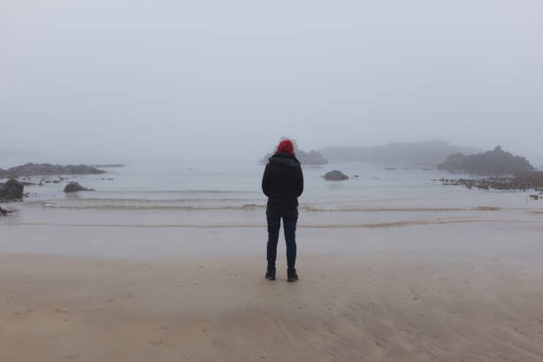 istock Woman looking at ocean back to camera, cold day 1148857543