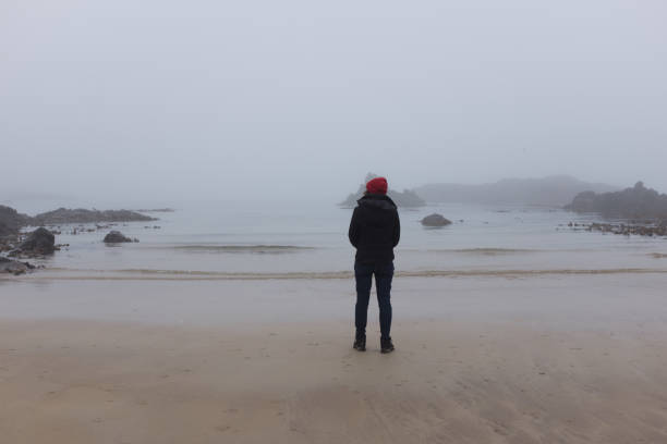 istock Woman looking at ocean back to camera, cold day 1148857618