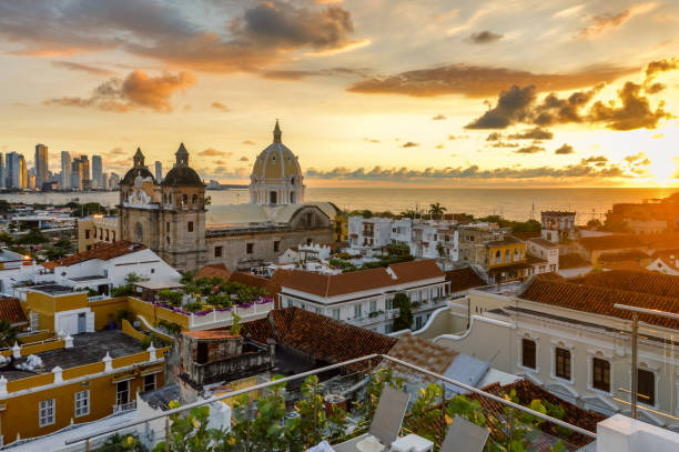 Beautiful sunset over Cartagena, Colombia stock photo