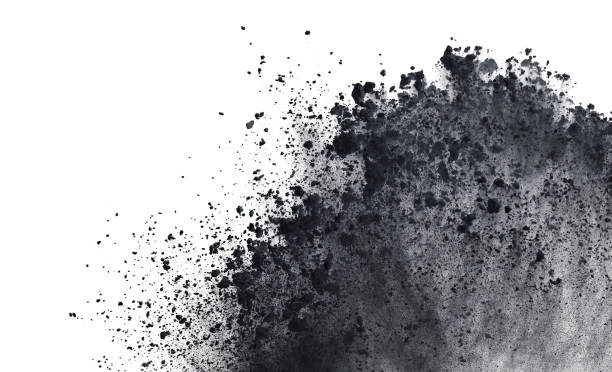 Black powder or flour explosion isolated on white background  freeze stop motion object design Black powder or flour explosion isolated on white background  freeze stop motion object design ash photos stock pictures, royalty-free photos & images