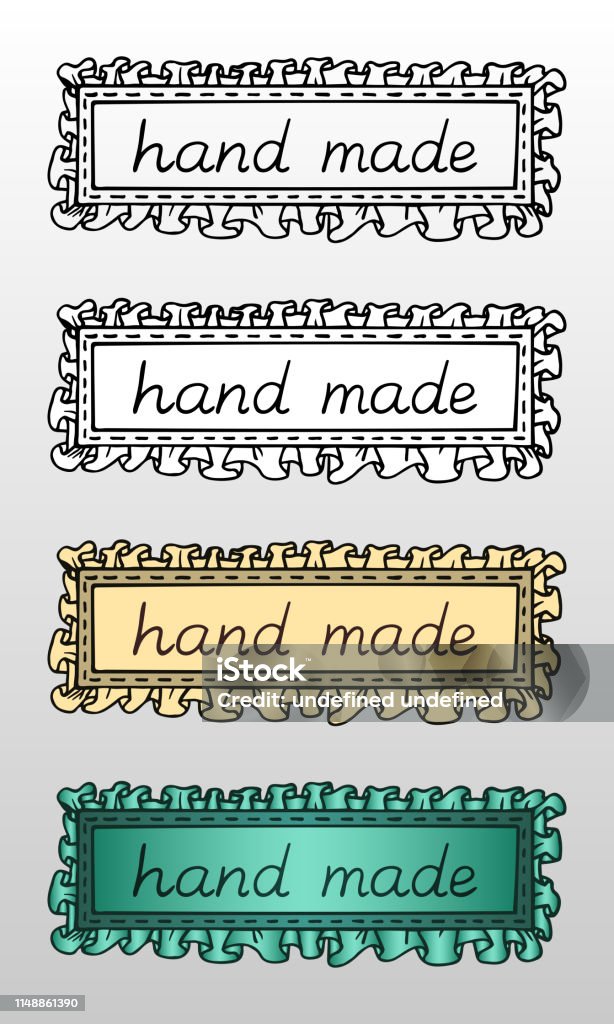 Set of hand drawn textile frames with inscription "hand made" in four variations: contour only, contour with white fill, color and gradient. Set of hand drawn textile frames with inscription "hand made" in four variations: contour only, contour with white fill, color and gradient. Vector illustration Black Color stock vector