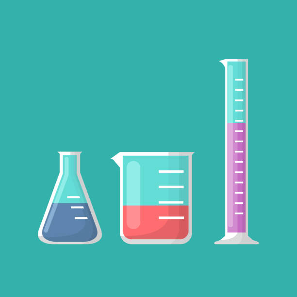 Chemical laboratory equipment, Erlenmeyer flask, beaker and test tube vector Vector design of laboratory equipment milliliter stock illustrations