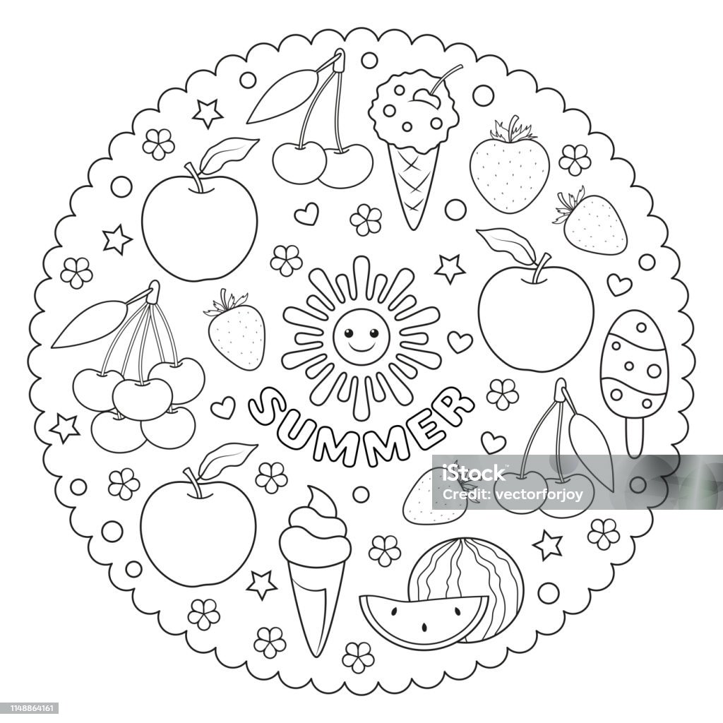 Coloring page mandala for kids with summer fruit, berries and ice cream. Vector Illustration. Coloring Book Page - Illlustration Technique stock vector