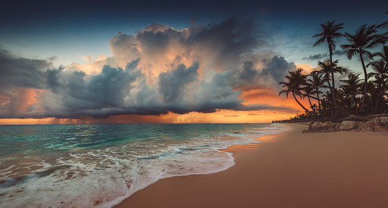 Landscape of paradise tropical island beach, sunrise shot.