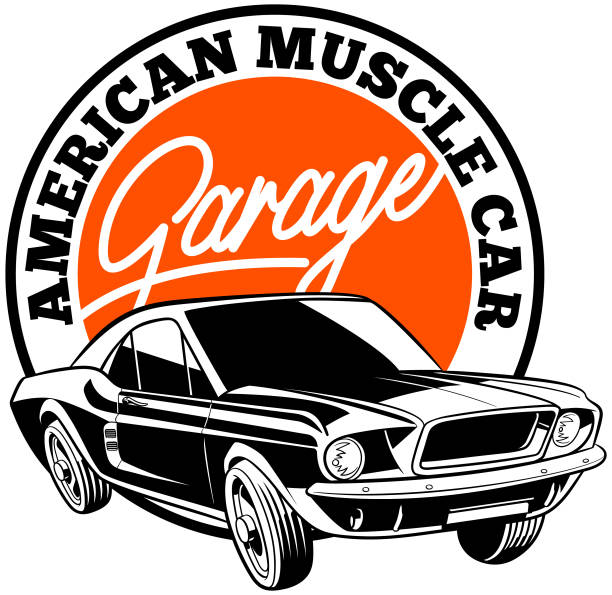 Muscle Car American muscle car illustration on garage banner vintage steering wheel stock illustrations