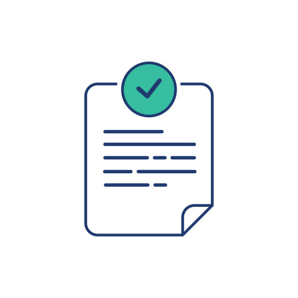 Compliance document icon in flat style. Approved process vector illustration on white isolated background. Checkmark Compliance document icon in flat style. Approved process vector illustration on white isolated background. Checkmark business concept. Achievement checkmark, quality regulation document, policy qualify icon stock illustrations