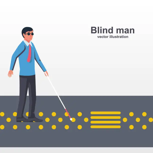 Vector illustration of Blind man with a white cane walking down the street