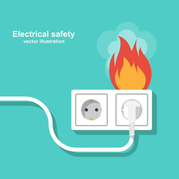 illustrazioni stock, clip art, cartoni animati e icone di tendenza di cablaggio antincendio. presa e spina sul fuoco da sovraccarico - electricity fire circuit board short