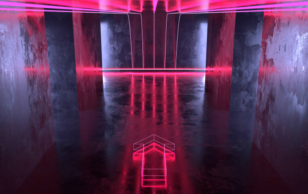 istock Futuristic sci-fi concrete room with glowing neon. Virtual reality portal, computer video games, vibrant colors, laser energy source. Red arrow neon lights 1148874136