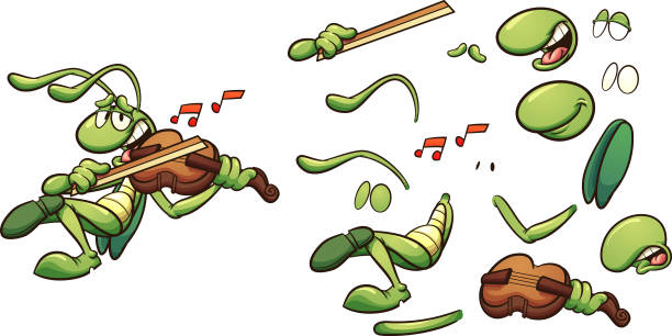 Grashopper violin Singing cartoon grasshopper playing a violin clip art. Vector illustration with simple gradients. Some elements on separate layers. orthoptera stock illustrations