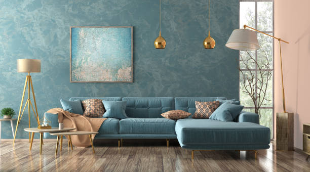 interior de salón con sofá azul 3d renderizado - cushion pillow textile luxury fotografías e imágenes de stock