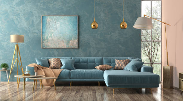 Interior of living room with blue sofa 3d rendering