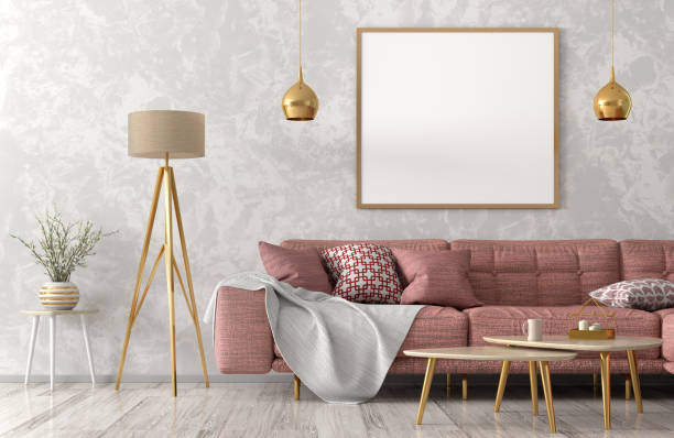 Modern interior of living room with pink sofa 3d rendering