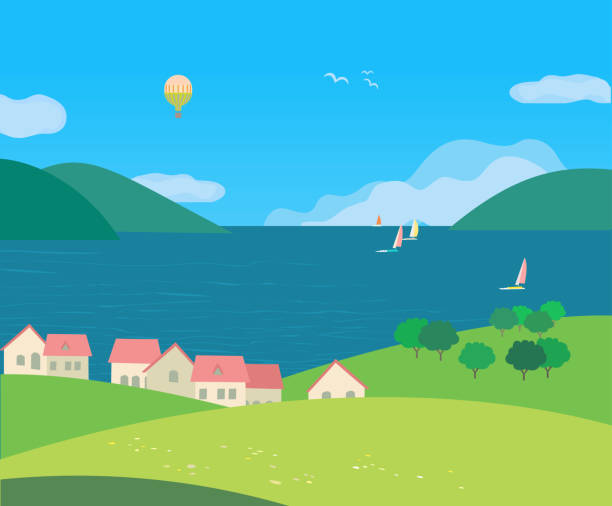 ilustrações de stock, clip art, desenhos animados e ícones de landscape with village houses on seaside - sailboat nautical vessel lake sea