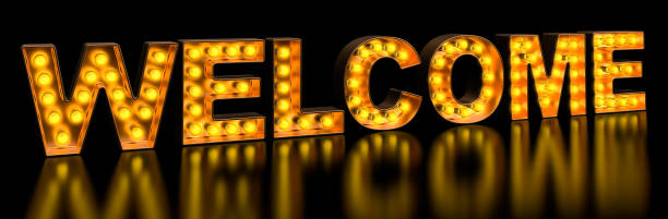 Welcome signboard from golden light bulb letters, retro glowing font. 3D rendering