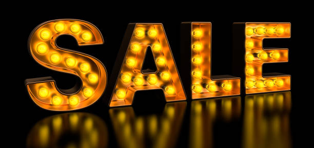 istock Sale signboard from golden light bulb letters, retro glowing font. 3D rendering 1148882672