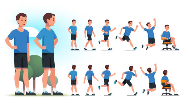 ilustrações de stock, clip art, desenhos animados e ícones de young healthy sportsman person poses, various actions set. front and back views collection. fit man standing in park, walking, jogging, running, jumping, sitting in chair. flat vector character illustration - action pose portrait
