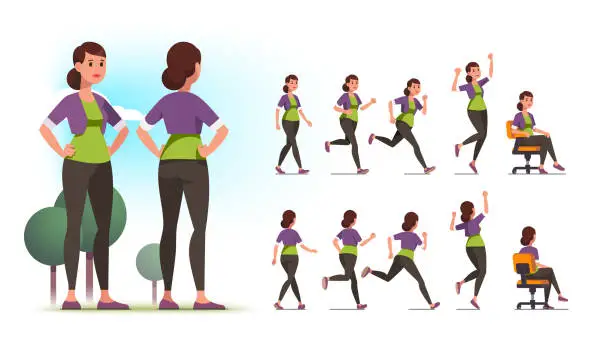 Vector illustration of Young healthy sportswoman person poses, various actions set. Front and back views collection. Fit woman standing in park, walking, jogging, running, jumping, sitting in chair. Flat vector character illustration