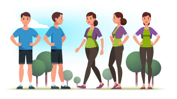 Sporty looking persons man and woman wearing casual sportswear clothes holding hands on hips and lady walking outdoors. Front and side view poses. Flat vector character illustration Sporty looking persons man and woman wearing casual sportswear clothes holding hands on hips and lady walking outdoors. Front and side view poses. Flat style vector isolated illustration expressing positivity park environment nature stock illustrations