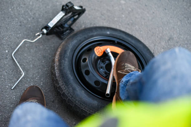 istock A broken tire on the car 1148883060