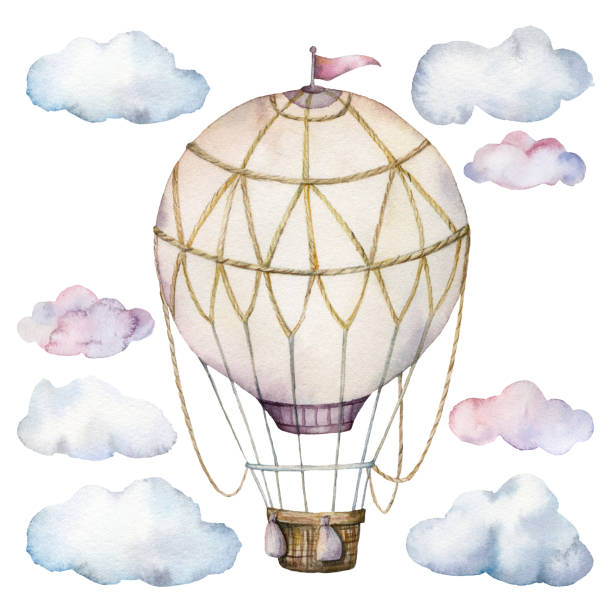 Watercolor set with clouds and hot air balloon. Hand painted sky illustration with aerostate isolated on white background. For design, prints, fabric or background. Watercolor set with clouds and hot air balloon. Hand painted sky illustration with aerostate isolated on white background. For design, prints, fabric or background watercolor hot air balloon stock illustrations