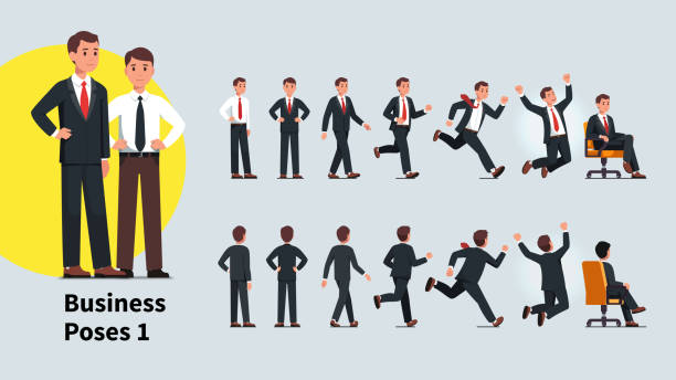 ilustrações de stock, clip art, desenhos animados e ícones de business man poses and actions set. front and back views of business person collection. businessman standing, walking, running, celebrating success, sitting in office chair. flat vector character illustration - action pose portrait