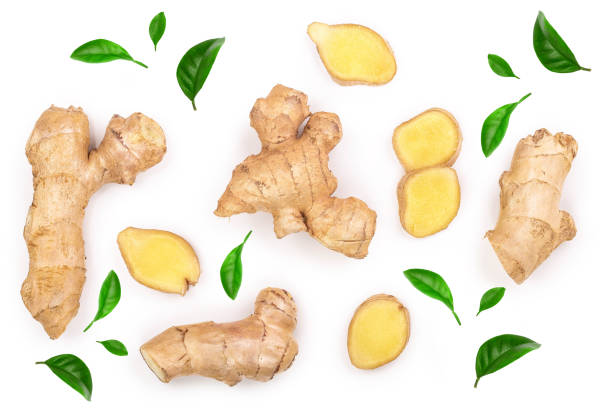 istock fresh Ginger root and slice isolated on white background. Top view. Flat lay 1148886451