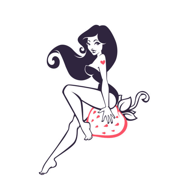 erdbeermädchen, hübsche pinienhawin-lady, die auf roter erdbeere sitzt - pin up stock-grafiken, -clipart, -cartoons und -symbole