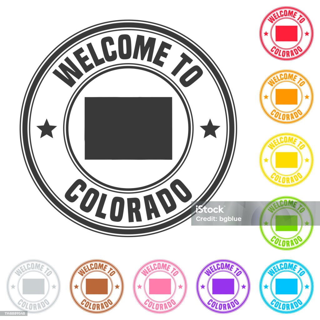 Welcome to Colorado stamp - Colorful badges on white background Stamp of "welcome to Colorado" isolated on a blank background. The stamp is composed of the map in the middle with the name below and "Welcome to" at the top, separated by stars. The stamp is available in different colors (Multi color choice: black, red, orange, yellow, green, blue, purple, pink, brown and gray). Vector Illustration (EPS10, well layered and grouped). Easy to edit, manipulate, resize or colorize. Abstract stock vector