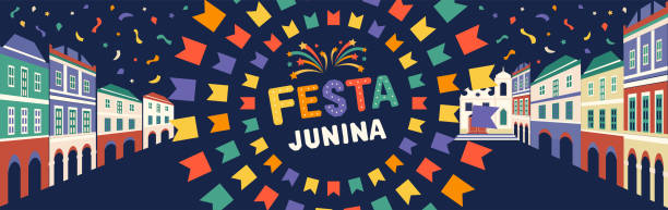 illustrazioni stock, clip art, cartoni animati e icone di tendenza di illustrazione festa junina. vacanza latinoamericana. banner vettoriale. - feast day immagine