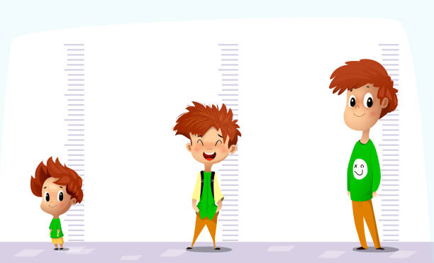 ilustrações de stock, clip art, desenhos animados e ícones de happy boy measures his growth in different ages - tape measure measuring length vector